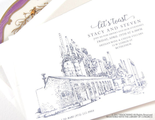 Steelstacks Rehearsal Dinner Invitations, Bethlehem Pennsylvania, Steel Stacks  (set of 25 cards)