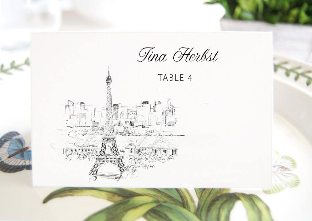 Paris Skyline Folded Place Cards BLANK, French Themed Wedding, Eiffel Tower Placecards, Seating Cards, Escort Cards (Set of 25 Cards)