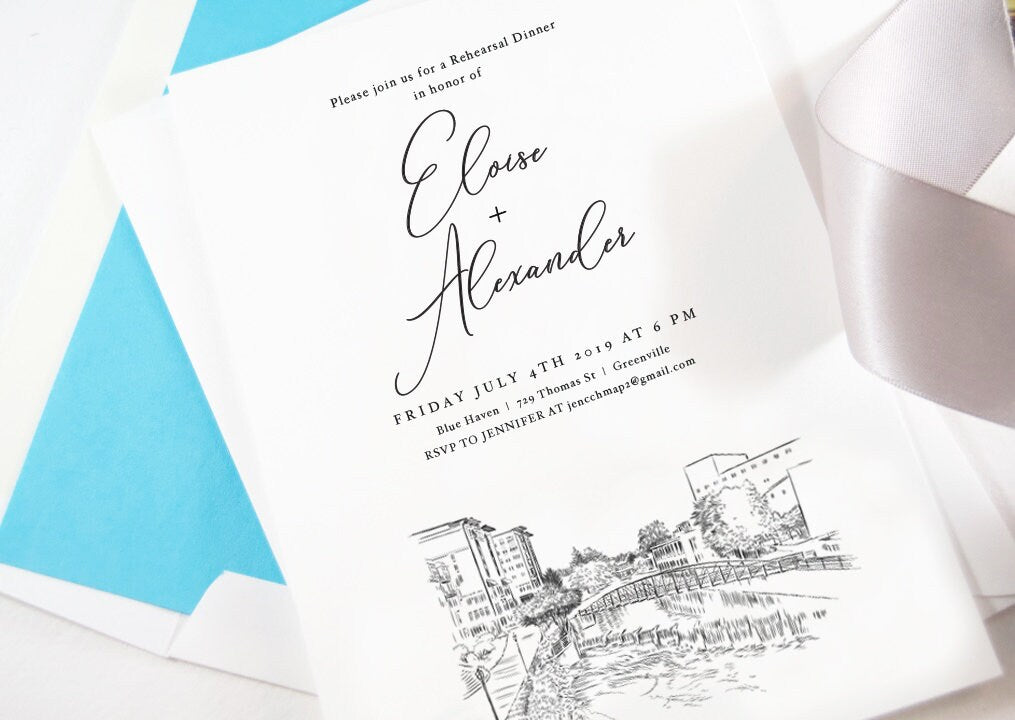 Greenville Skyline Rehearsal Dinner Invitations, South Carolina Wedding, SC, Weddings, Rehearse, Invite, Rehearsal Card (set of 25)