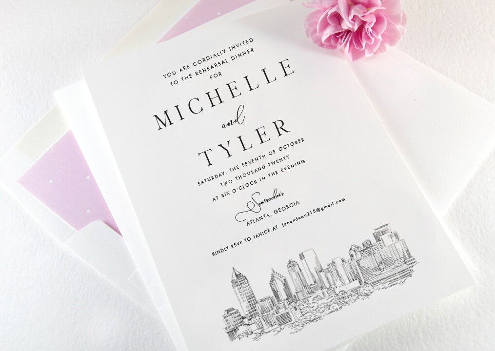 Atlanta Skyline Rehearsal Dinner Invitations, Atlanta Wedding, Weddings, Rehearse, Invite (set of 25 cards)