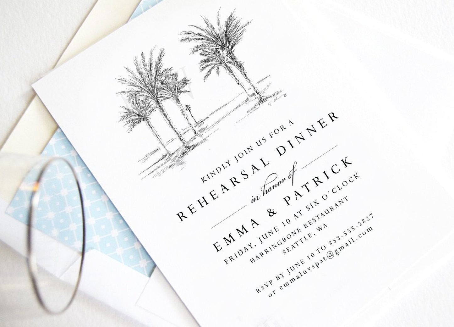 Palm Trees Rehearsal Dinner Invitations, Hawaiian Theme, Wedding, Tropical, Weddings, Rehearse, Wedding Invite (set of 25 cards)