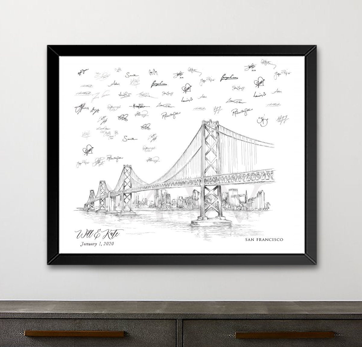 San Francisco Wedding, Alternative Guest Book, Wedding Skyline, Guestbook, Wedding Guestbook, San Francisco, CA,  SF Bridge, Guestbook Sign