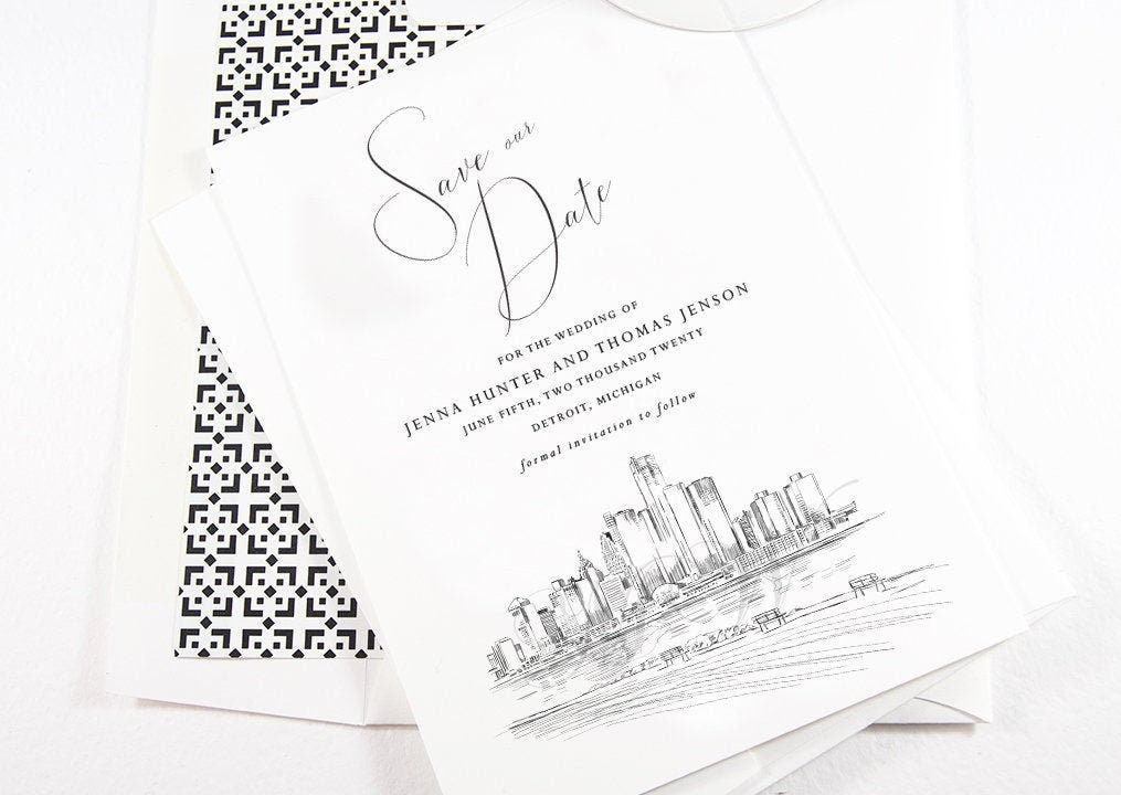 Detroit Save the Dates, STD, Detroit, MI Wedding, Michigan Skyline, Save the Date Cards, STD Cards, Wedding (set of 25 cards)