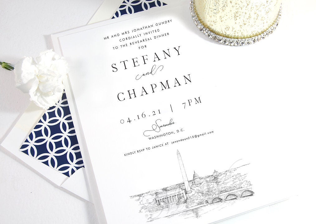 Washington DC Memorials Rehearsal Dinner Invitations, DC Skyline, DC Wedding, Weddings, Rehearse, Invite (set of 25 cards)