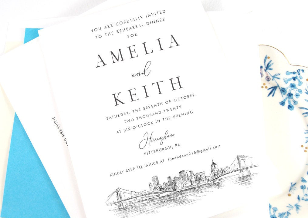 Pittsburgh Skyline Rehearsal Dinner Invitations, Pittsburgh, PA Skyline, Wedding, Weddings, Rehearse, Wedding Invite, Card (set of 25)
