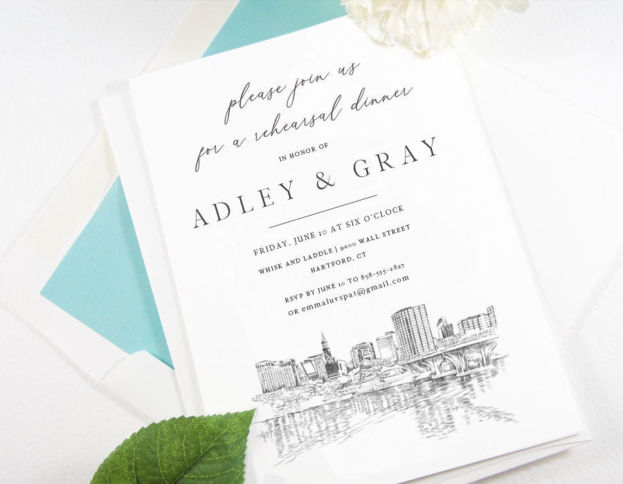 Hartford Skyline Rehearsal Dinner Invitations, Hartford, CT, Skyline, Wedding, Weddings, Rehearse, Wedding Invite, Card (set of 25)