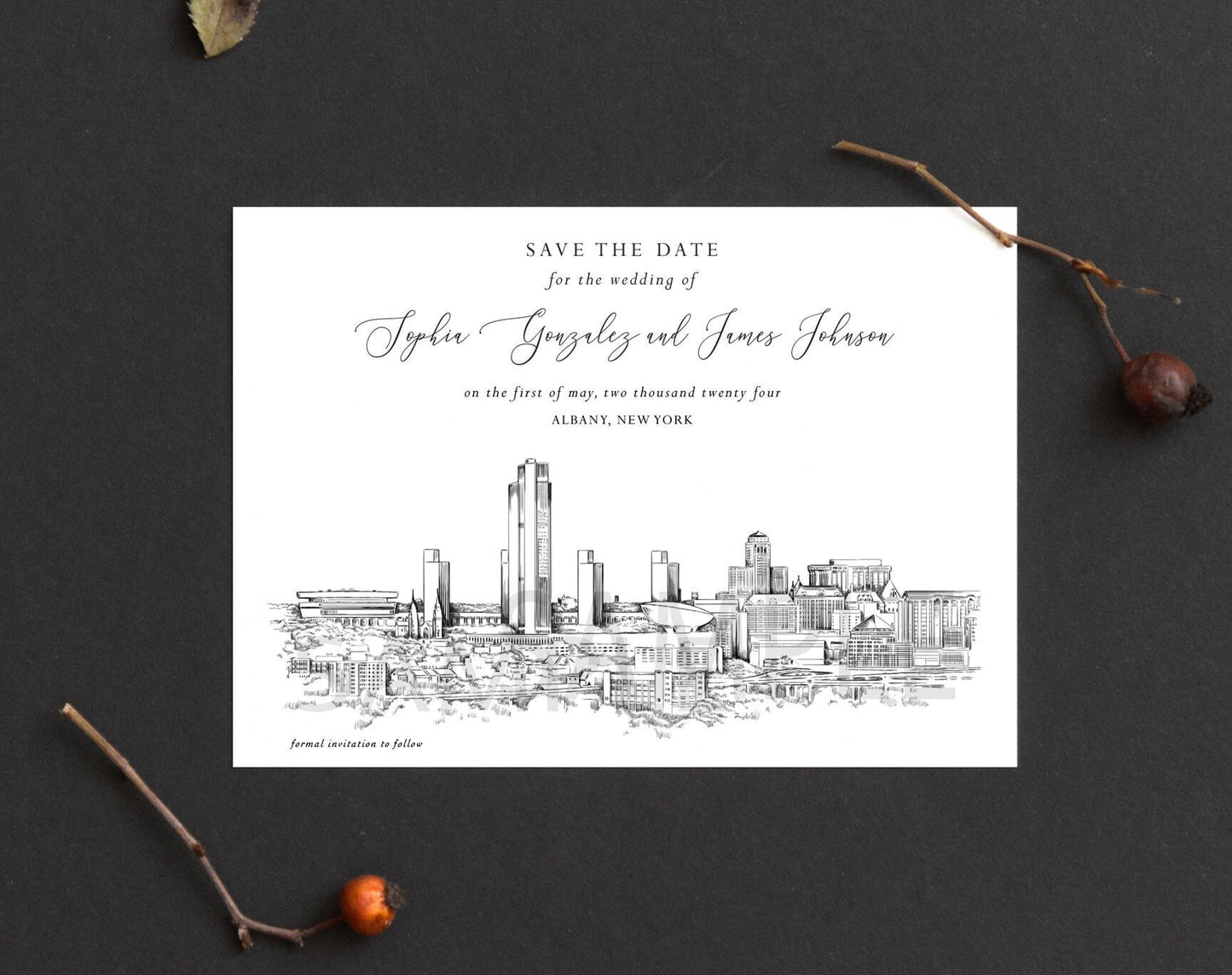 Albany, NY Save the Dates, Wedding, Save the Date Cards, Save the Dates, New York, Skyline, STD, Hand Drawn (set of 25 cards & envelopes)