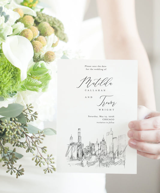 NEW Chicago Skyline Save the Date Cards, Wedding Save the Dates, STD, St Regis Hotel, Weddings (set of 25 cards and envelopes)