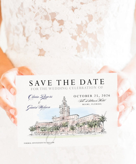 The Biltmore Hotel Miami Wedding Watercolor, Save the Date Cards, Save the Dates, STD, Coral Gables, Wedding, Hand Drawn (set of 25 cards)