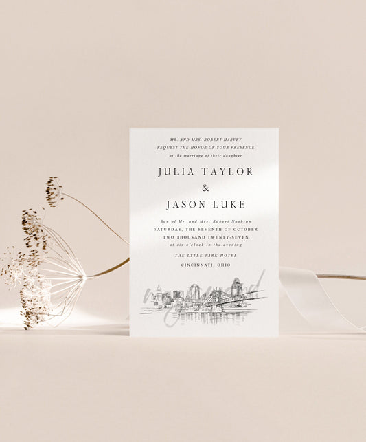 Cincinnati Wedding Invitations, Skyline, Weddings, Invite, Ohio, OH - Hand Drawn (Set of 10 Online RSVP Cards & Invitations)