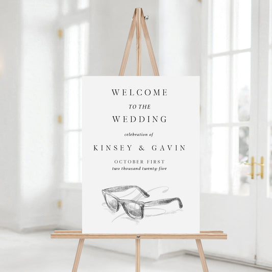 Welcome to our Wedding Sign, Sunglasses, Ray Ban's, Hand Drawn, Modern Wedding, Welcome Sign, Sizes: 18 x 24, 24 x 30 or 24 x 36