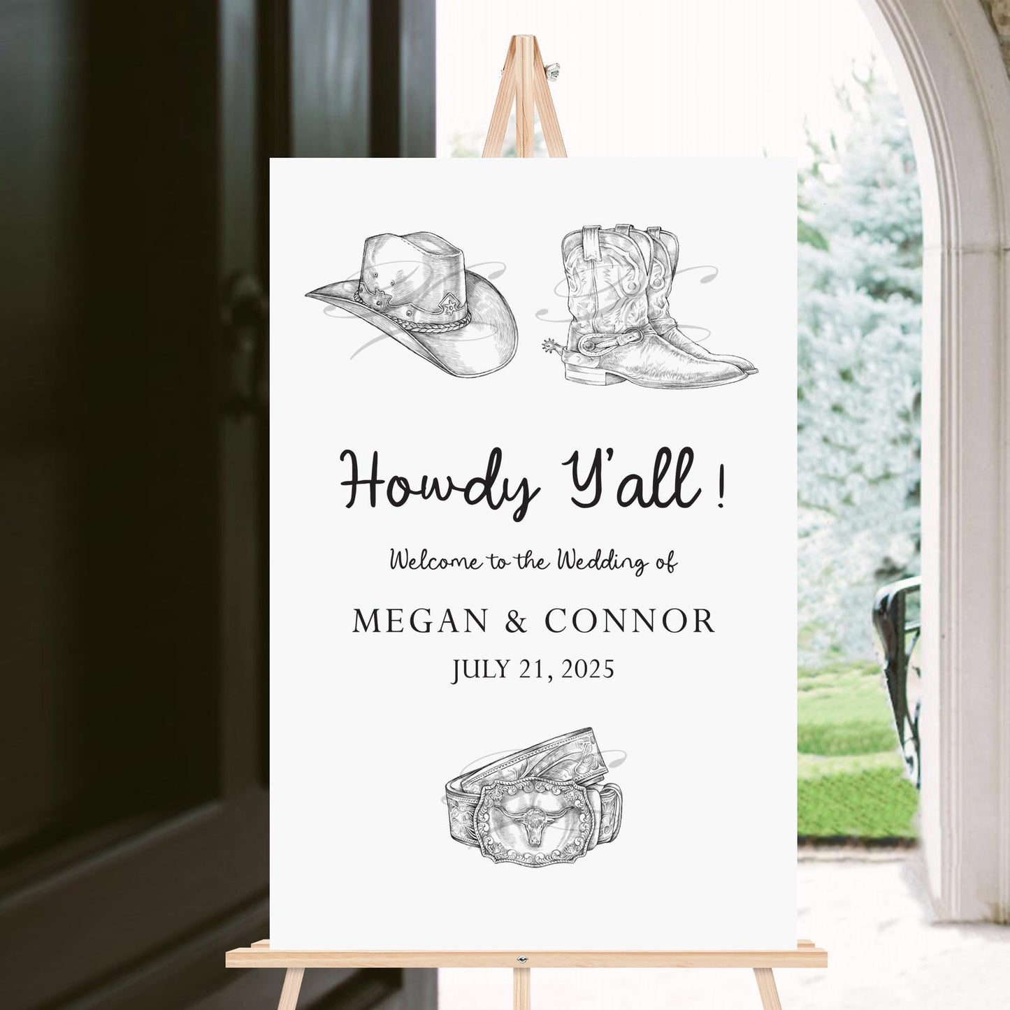Welcome Wedding Sign Texas, Cowboy Boots, Cowboy Hat, Buckle, Howdy Y'all, Hand Drawn, Unique Welcome Sign, Welcome Engagement Party Sign