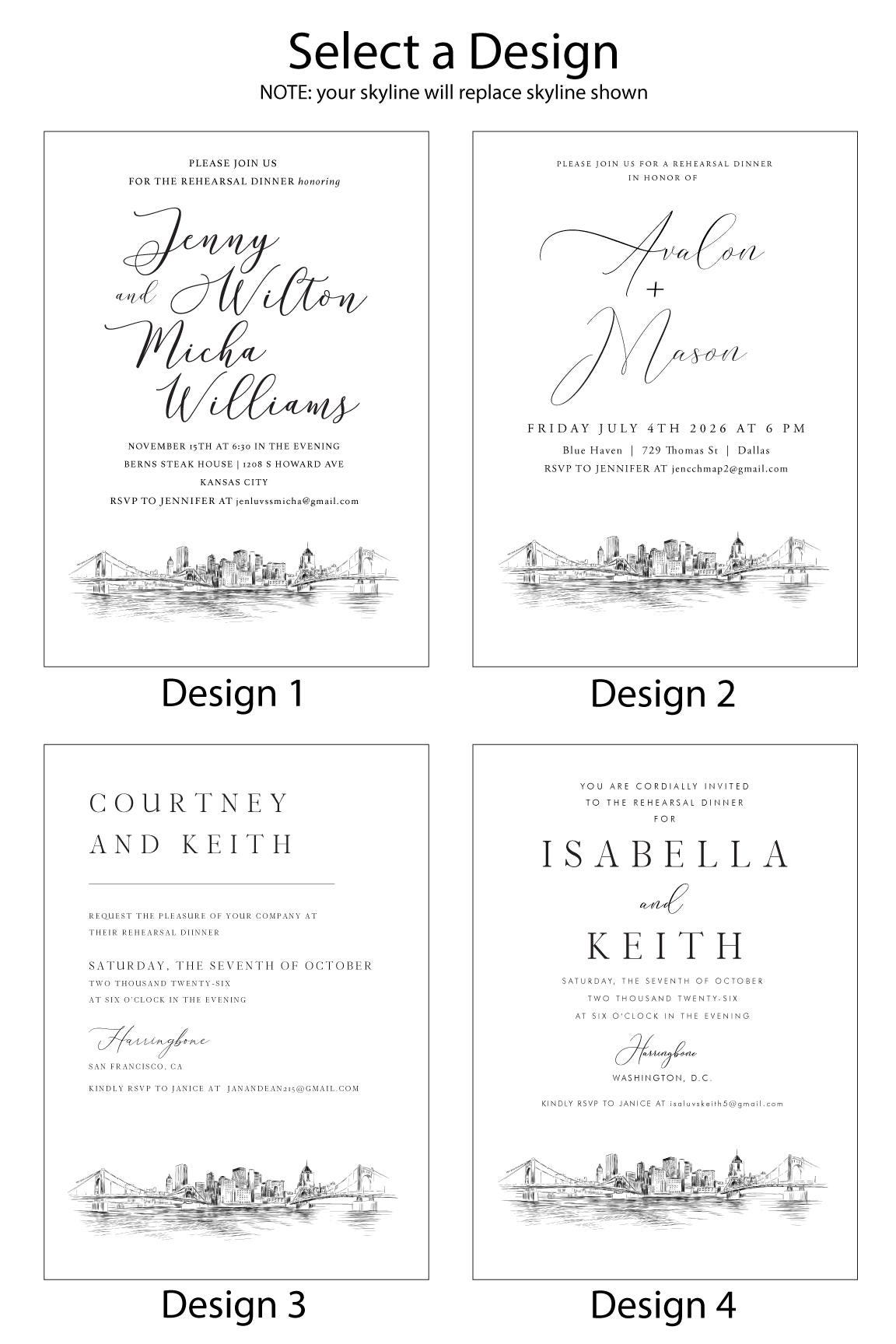 Pittsburgh Skyline Rehearsal Dinner Invitations, Pittsburgh, PA Skyline, Wedding, Weddings, Rehearse, Wedding Invite, Card (set of 25)