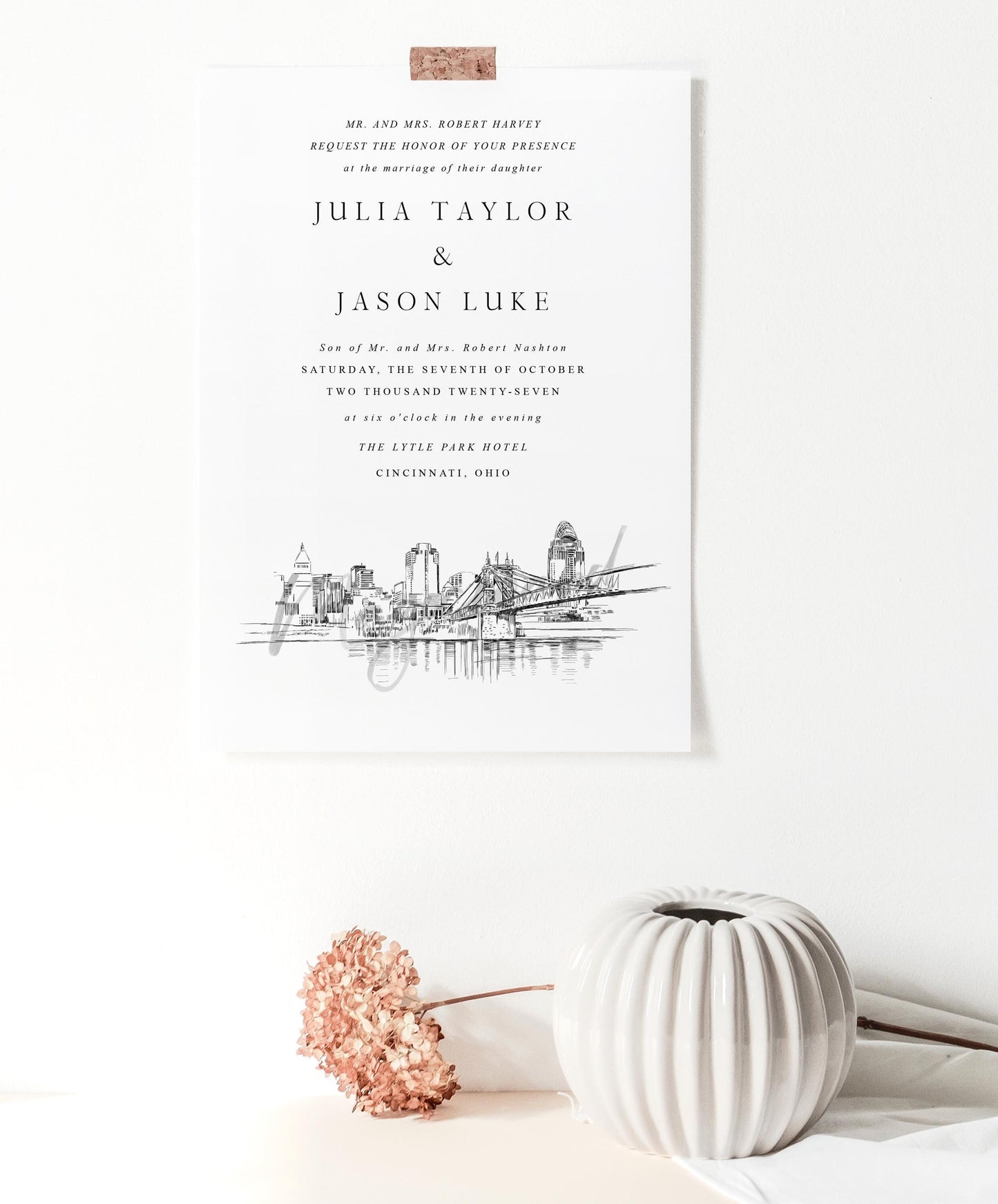 Cincinnati Skyline Wedding Invitation, Cincinnati Wedding, Ohio, Cincinnati Skyline, Invite (Sold in Sets of 10 Invitations + Envelopes)