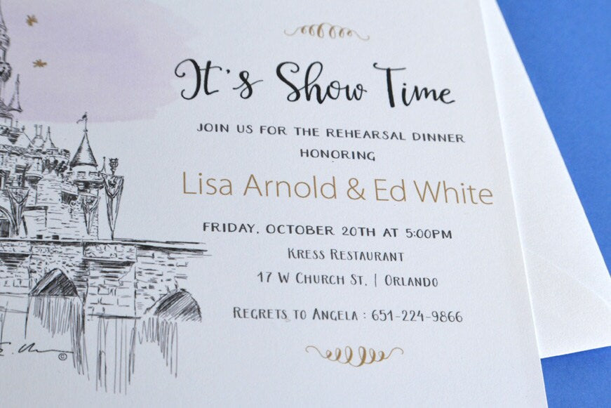 Disneyland Fairytale, Cinderella's Castle Wedding Hand Drawn Rehearsal Dinner Invitation Cards (set of 25 cards)