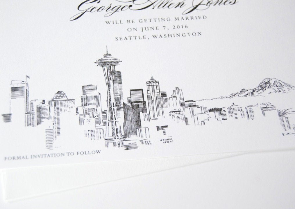 Seattle Skyline Save the Date Cards, Save the Dates, Washington Skyline, Seattle Wedding  (set of 25 cards)