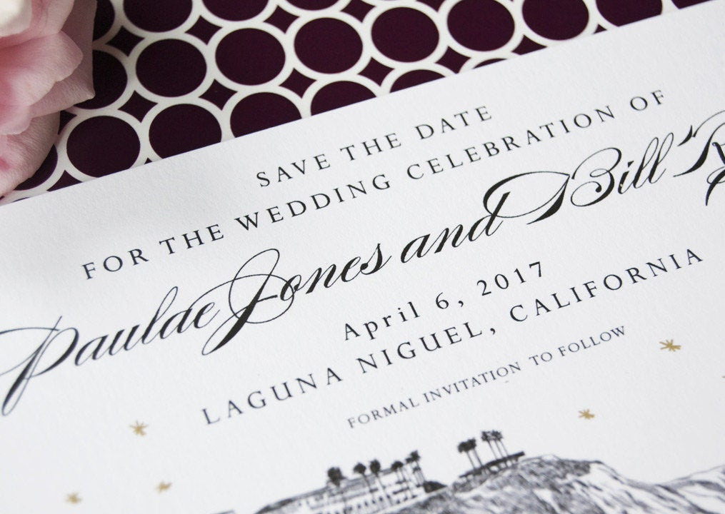 Laguna Beach Skyline Save the Date Cards- Starry Night Hand Drawn (set of 25 cards)