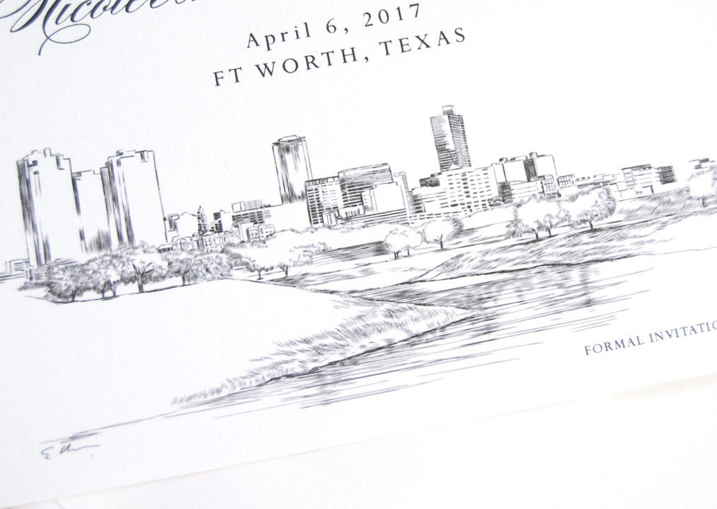 Fort Worth, Texas Skyline Save the Date Cards (set of 25 cards and white envelopes)