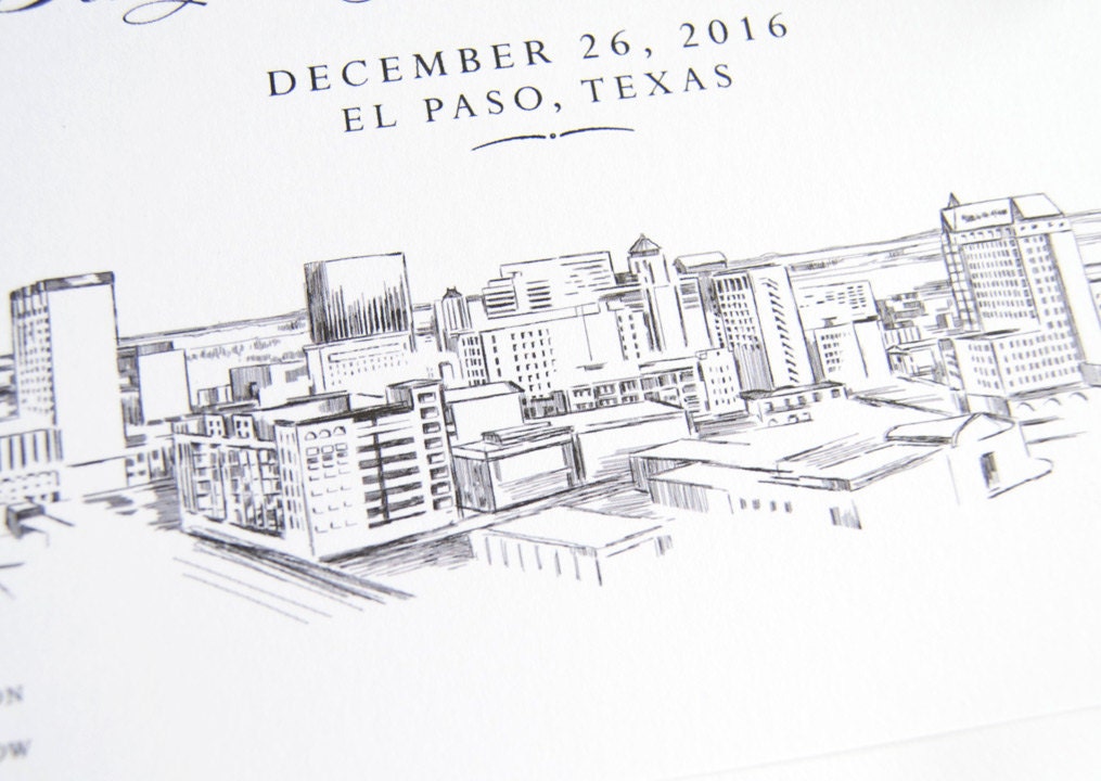 El Paso, Texas Wedding Save the Date Cards, Skyline Save the Dates (set of 25 cards and white envelopes)