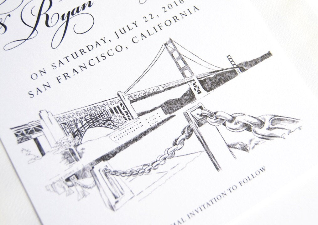 San Francisco Skyline Hand Drawn Save the Date Cards (set of 25 cards)