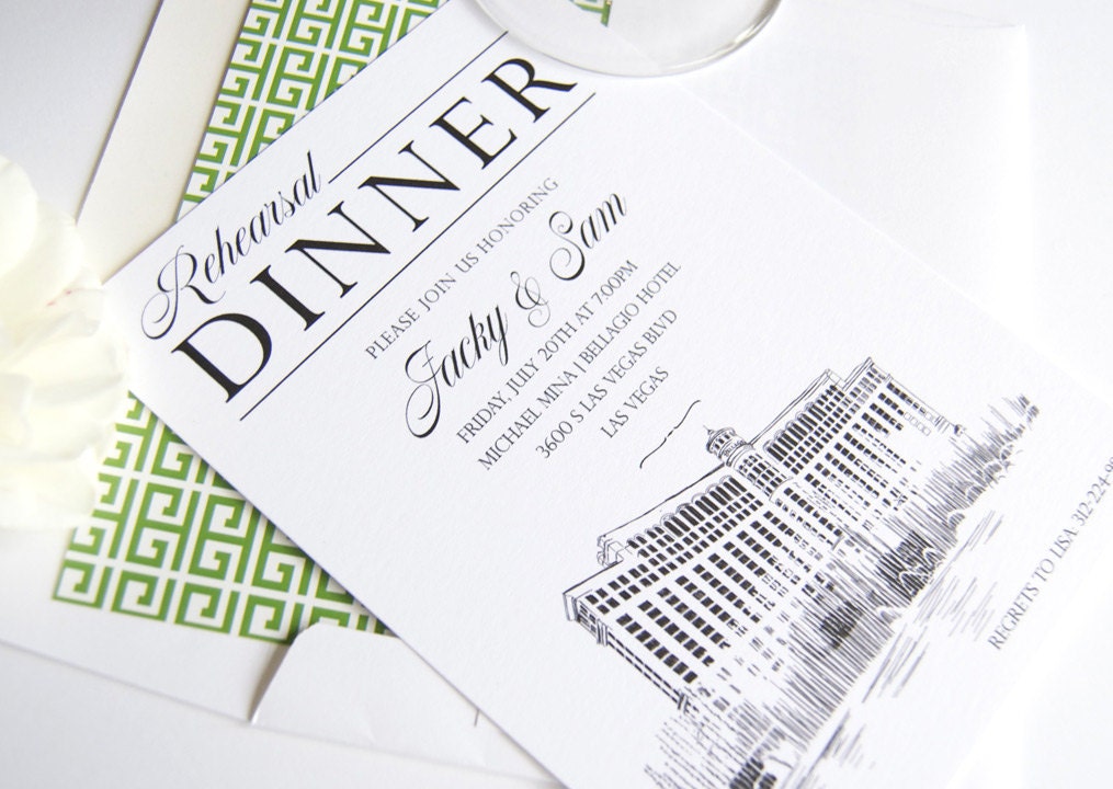 Bellagio Hotel Rehearsal Dinner Invitations, Las Vegas Skyline (set of 25 cards)
