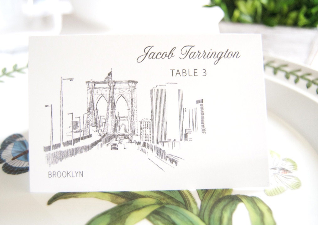 Brooklyn Bridge Skyline Place Cards Personalized with Guests Names (Sold in sets of 25 Cards)