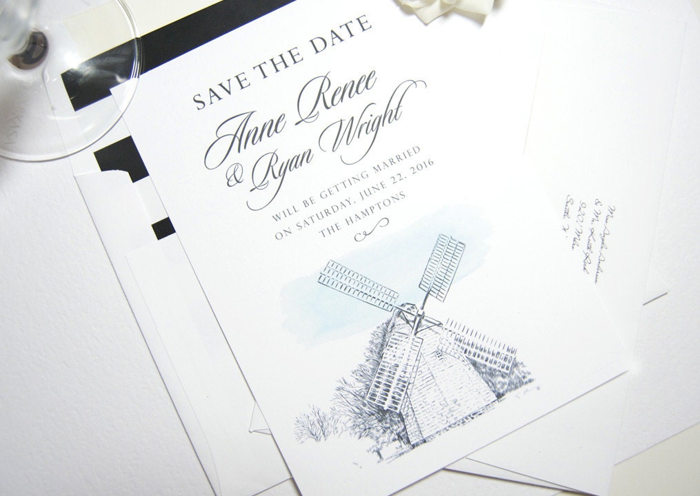 The Hamptons Hand Drawn Windmill Save the Date Cards (set of 25 cards and white envelopes)
