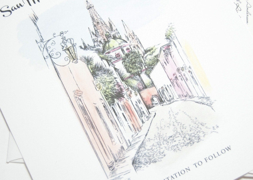 San Miguel, Mexico Skyline Destination Wedding Watercolors Save the Date Cards (set of 25 cards)