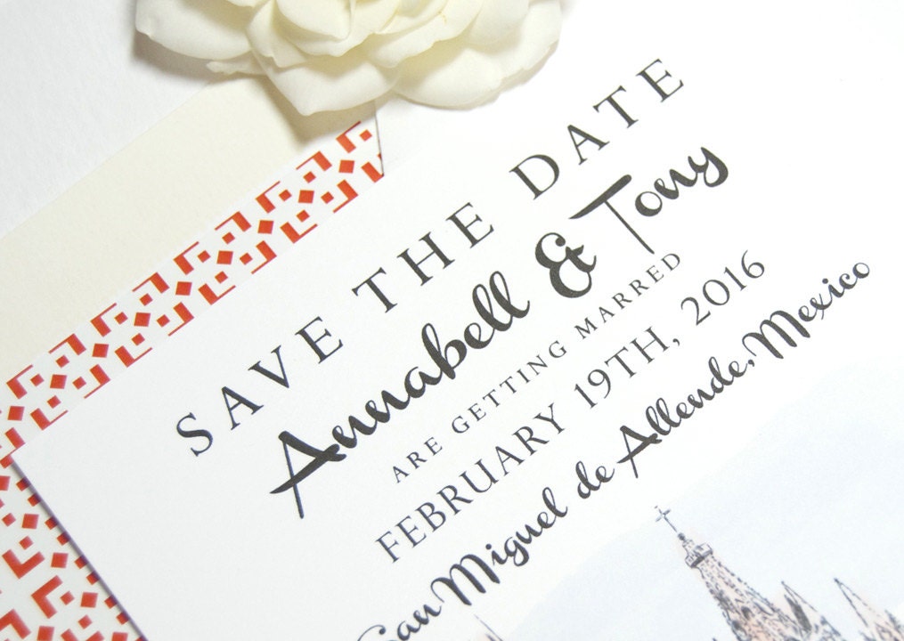 San Miguel, Mexico Skyline Destination Wedding Watercolors Save the Date Cards (set of 25 cards)