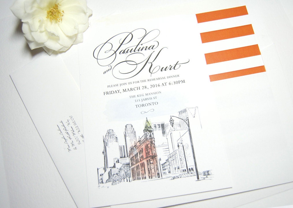 Toronto Flatiron Building Watercolor Skyline Rehearsal Dinner Invitations (set of 25 cards)