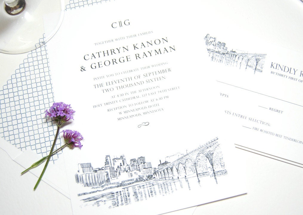 Minneapolis Skyline Wedding Invitation, Minneapolis Wedding, Invite, Invitations (Sold in Sets of 10 Invitations, RSVP Cards + Envelopes)