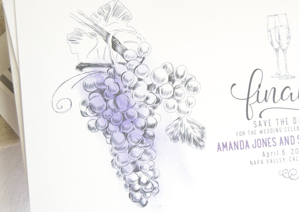 Vineyard, Napa Valley Skyline Hand Drawn Save the Date Cards (set of 25 cards)
