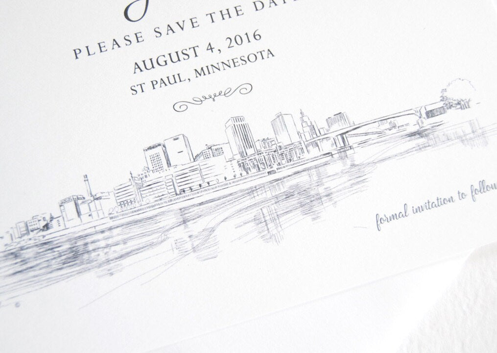 St Paul Wedding Save the Date Cards, Save the Dates, Minnesota Skyline Hand Drawn (set of 25 cards)