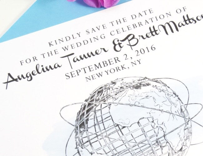 Queens Museum, New York, Unisphere, Worlds Fair Drawn Save the Date Cards (set of 25 cards)