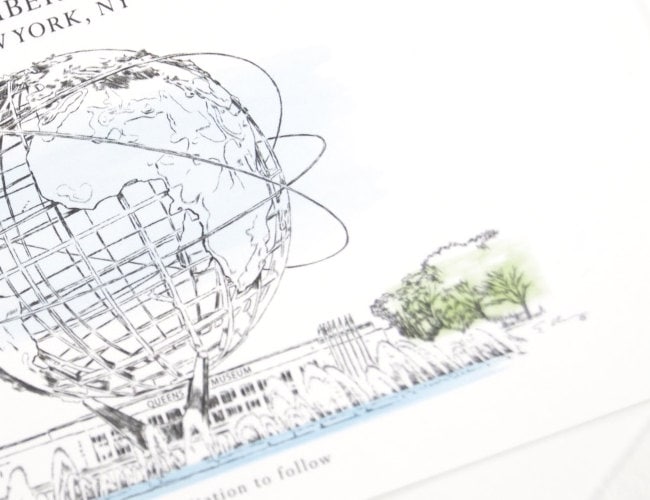 Queens Museum, New York, Unisphere, Worlds Fair Drawn Save the Date Cards (set of 25 cards)