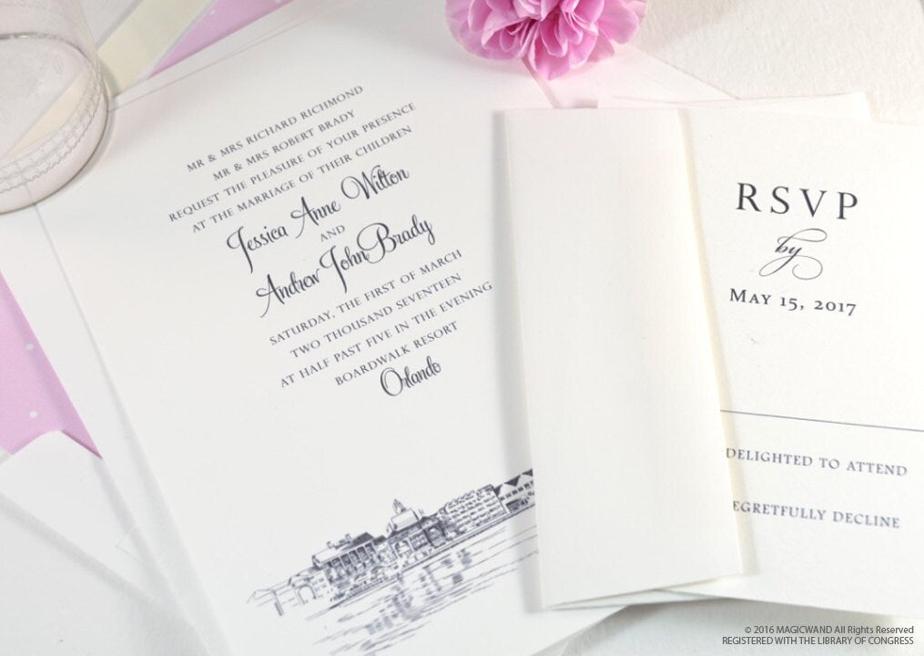 Boardwalk Resort Wedding Invitations, Orlando Destination Wedding, Disney World (Sold in Sets of 10 Invitations, RSVP Cards + Envelopes)