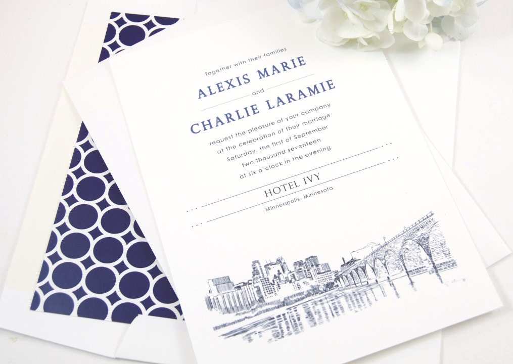 Minneapolis Skyline Hand Drawn Wedding Invitation Package (Sold in Sets of 10 Invitations, RSVP Cards + Envelopes)