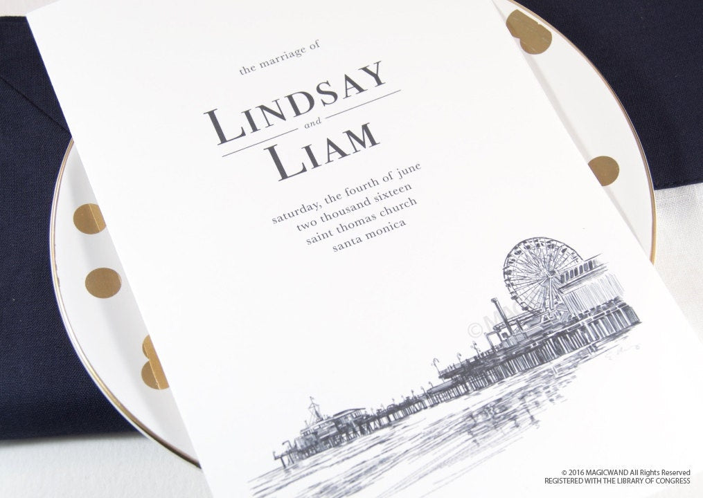 Santa Monica Pier Skyline Wedding Programs (set of 25 cards)