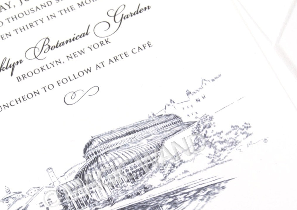 Brooklyn Botanic Garden Hand Drawn Wedding Invitations Package (Sold in Sets of 10 Invitations, RSVP Cards + Envelopes)