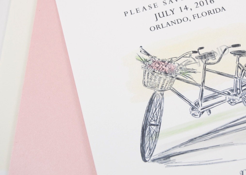 Rustic Weddings Save the Date Cards, Bicycle Built for Two with flowers, bike for 2 Hand Drawn (set of 25 cards and envelopes)