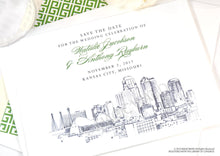Load image into Gallery viewer, Kansas City Skyline Hand Drawn, Presidents Hotel, Wedding Save the Date Cards (set of 25 cards)
