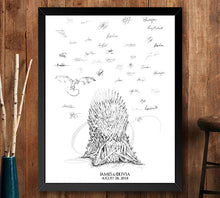 Load image into Gallery viewer, Game of Thrones Guestbook Print Inspired Iron Throne and Dragon , Guest Book, Fairytale, Bridal Shower, Wedding, Alternative, WITH FREE PEN
