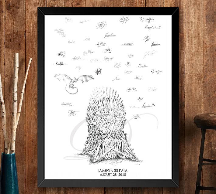 Game of Thrones Guestbook Print Inspired Iron Throne and Dragon , Guest Book, Fairytale, Bridal Shower, Wedding, Alternative, WITH FREE PEN
