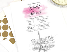 Load image into Gallery viewer, Paris Skyline Bridal Shower Invitations, French, Wedding, Eiffel Tower, Bridal Brunch, Bridal Luncheon (set of 25 cards &amp; envelopes)
