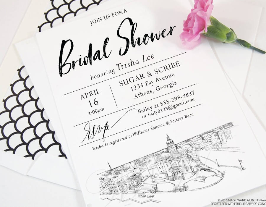 Athens, Georgia Skyline Bridal Shower Invitations, Georgia Wedding, Bridal Brunch, Bridal Luncheon (set of 25 cards & envelopes)