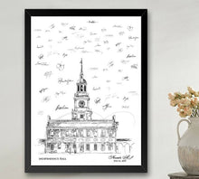 Load image into Gallery viewer, Independence Hall Skyline Guestbook Print, Philadelphia, Guest Book, Bridal Shower, Wedding, Custom, Alternative, Baby Shower,  FREE PEN
