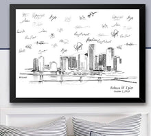 Load image into Gallery viewer, Miami Skyline Guestbook Print, Beach, Guest Book, Florida, Bridal Shower, Wedding, Custom, Alternative, Baby Shower, Family Reunion FREE PEN

