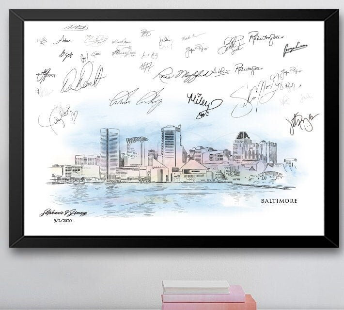 Baltimore Watercolor SkylineGuestbook Print, Guest Book, Bridal Shower, Maryland Wedding, Custom, Alternative Guest Book, Sign-in