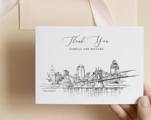 Cincinnati, OH Skyline Thank You Cards, Personal Note Cards, Bridal Shower, Real Estate Agent, Corporate Thank you Cards (set of 25 cards)