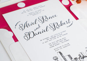 Dallas Skyline Hand Drawn Modern Wedding Invitation Package (Price Includes: One Invitation & RSVP Card Envelopes)